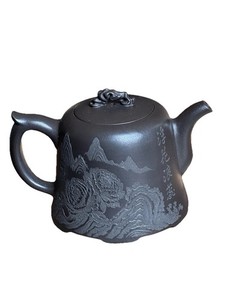 Yixing Zisha Teapot Black Clay De Zhong Hand-Carved Peony Gu Jingzhou Mark 1959