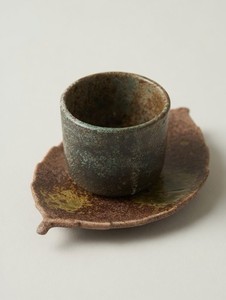 Japanese Shigaraki Style Stoneware Tea Set - Artisanal Leaf Tray & Glazed Cup