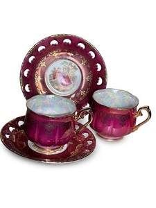 Vintage Ohashi China Japan 1932 Bordeaux Rose Tea Set 2 Iridescent Reticulated