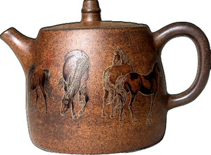 Vintage Yixing Zisha Teapot - Master Gu Jingzhou Mark - Eight Galloping Horses