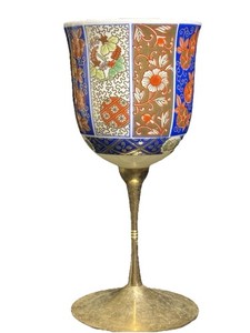 Vintage Japanese Kutani Porcelain Wine Goblet Metal Brass Stem Hand Painted