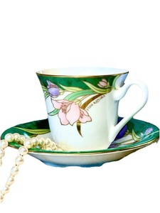 Yumi Katsura Fine Porcelain Coffee Cup & Saucer Set - Elegant Floral Gold Trim