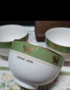 Hanae Mori Butterfly Green & Gold Tea Cups Set of 5 with Original Wood Box Japan