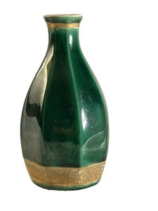 EXTREMELY RARE Vintage Kutani Seikou Vase - Hexagonal Emerald Gold Glaze Signed