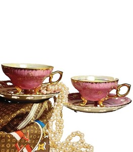 Valentine's Special | Vtg 1950s Pink Iridescent Tea Cup Set 2 Heart Saucer Set