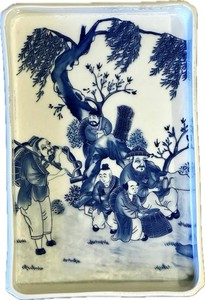 Vintage Chinese Blue and White Porcelain Tea Tray - Hand Painted - 11"