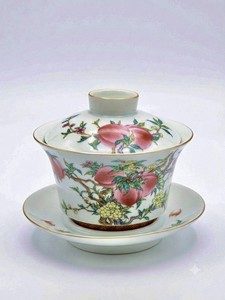 Vintage Chinese Famille Rose Porcelain Gaiwan Set Hand Painted Longevity Peaches