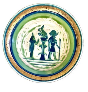 Vintage Japanese Celadon Porcelain Bowl Egyptian Myth Motif Gold Hieroglyph