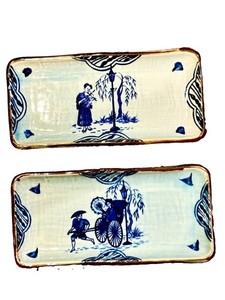 Japanese Blue & White Rectangular Porcelain Trays (Set of 2)