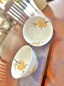 Vintage Reine Japan Porcelain Bowls Set of 2 Orange Plum Blossom Snowflake Glaze