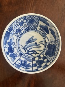 Vintage Japanese Blue and White Porcelain Bowl, Kozan Kiln Mino Yaki Rabbit Moon