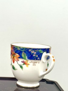 Vintage Ungaro Paris Maebata Japan Porcelain Coffee Cup Mug Floral Blue Gold Rim