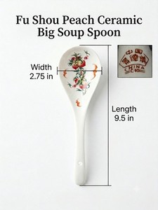 Vintage Jingdezhen Porcelain Serving Soup Spoon Peach Bat Chinese Ceramic 9.5"