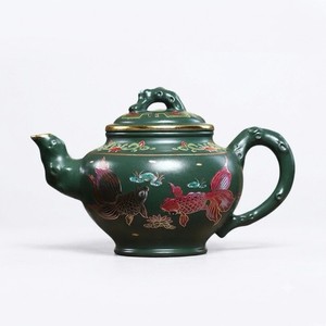 Vintage Yixing Zisha Teapot Enamel Goldfish Baochun Jingzhou Green Clay 360ml