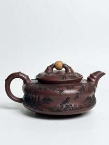 Vintage Yixing Zisha Teapot - Handmade Dragon Blood Clay Bamboo & Bird Carving