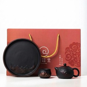 Jianshui Zitao Teapot Set Hand Carved Lotus Xishi Teapot Tray Cert 3Pcs